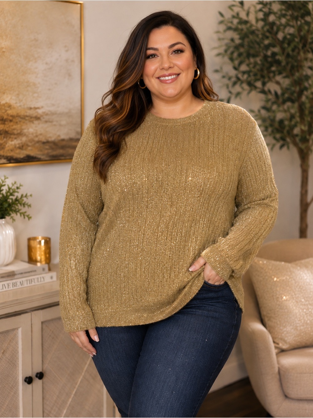 VTG Sag Harbor Gold Metallic Ribbed Knit Sweater 2X